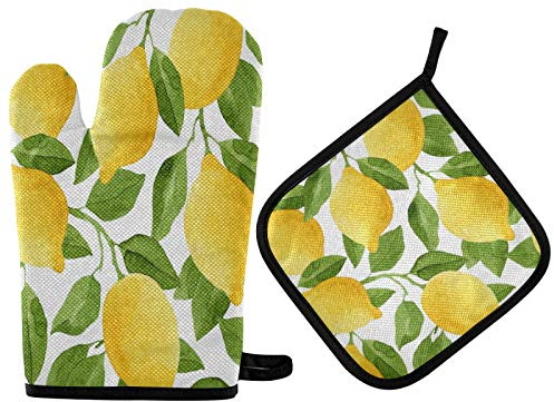 TropicalLife OOWOW Set guanto da forno e presina acquerello estate limone fodera in cotone guanto da forno resistente al calore presina Pad per cucina cottura cottura grigliata Natale