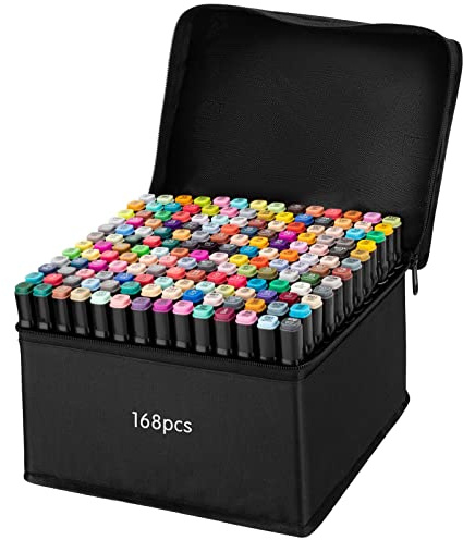 wsryx Lot de 168 marqueurs permanents artistiques de couleurs à base d'alcool à double pointe pour enfants et adultes Noir