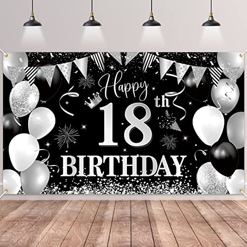 BTZO Hintergrundbanner zum 18. Geburtstag, BTZO Dekorationen zum 18. Geburtstag, Schwarz-Silber, großer Stoff-Fotohintergrund für Jungen und Mädchen, 18. Geburtstagsparty, 180–110 cm