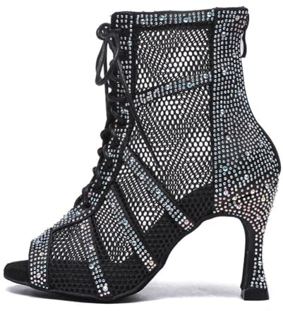 AOQUNFS Botas de Baile Latino Mujer Tacón Alto Brillantes Botines de Baile de Salsa Samba Tango Bachata Rumba Performance,L446-8.5-Negro-DZ,EU36