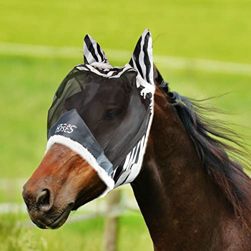 Horses, Maschera Cavallo Antimosche Fly Shield Zebra, Maglie Fini con Orecchie in Tessuto Forato e Naso Esteso per Protezione da Mosche e Moscerini, Ideale per la Protezione del Cavallo, Taglia S