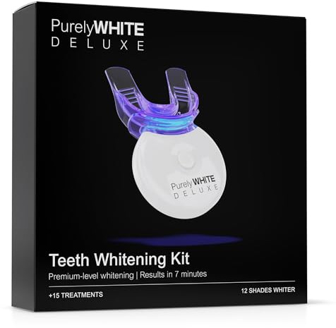 PurelyWHITE DELUXE Kit completo de blanqueamiento de dientes, blanqueamiento dental LED completo, más de 15 tratamientos, (3) jeringas de gel blanqueador de 3 ml, sonrisa más blanca en 7 minutos