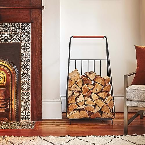 Ivyline Contemporary Leather Handle Log Trolley – Outdoor/Indoor Wood Rack Storage Mover – Fireplace Accessory – H100 x W49cm