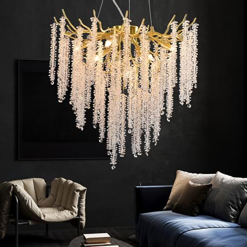 Lámpara de Araña Moderna de Cristal K9, Redonda Colgante Con Cadena Ajustable para Dormitorio, Salón, Comedor, Restaurante (Oro, G9*8, 60cm)
