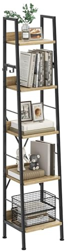 YITAHOME Bookcase 5 Tiers, Industrial Ladder Shelf Floorstanding Book Shelf Wooden Shelves and Metal Frame Book Rack Modern Shelving Unit for Living Room, Hallway, Office, Oak Color Bookshelf