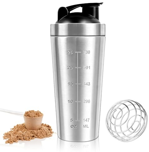 BFXMV Protein Shaker Bottle 750ml, Stainless Steel Protein Shaker Cup, Gym Shaker Bottle, Protein Mixer Shaker Supplement Bottle with Mixball, Leak Proof Metal Sports Water Bottle for Men&Women