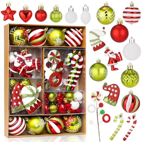 Weihnachtskugeln 50PCS Christbaumkugeln Weihnachtsdeko Kunststoff Christbaumkugeln Weihnachtskugeln Plastik Weihnachtsbaumkugeln Anhänger Elfen Weihnachtsbaum Dekoration Set Rot Grün Weiß