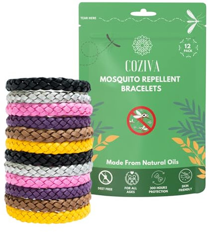 Coziva Mosquito Repellent Bracelet,12 Pack Adjustable Leather Insect Repellent Bracelets Deet-Free Natural Mosquito Bands for Adults & Kids- 300 Hour Protection Bug Repellent Bracelet Travel Essential