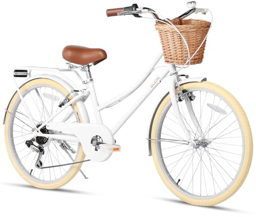 Glerc Missy Crucero da donna 24 pollici bici da bambino 6 velocità bici ibrida giovanile da città, adatta a ragazzi di 12, 13, 14, 15 anni, con cestini in salice, verde menta