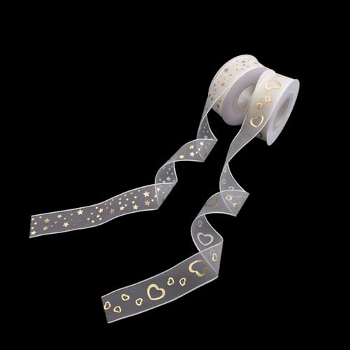 KiKiHong 2 Rollos Cinta Dorada Cinta de Regalo Corazones Estrellas Cinta de Organza Dorada para Envolver Regalos Flores Manualidades Fiestas de Bodas (21m x 2.5cm)
