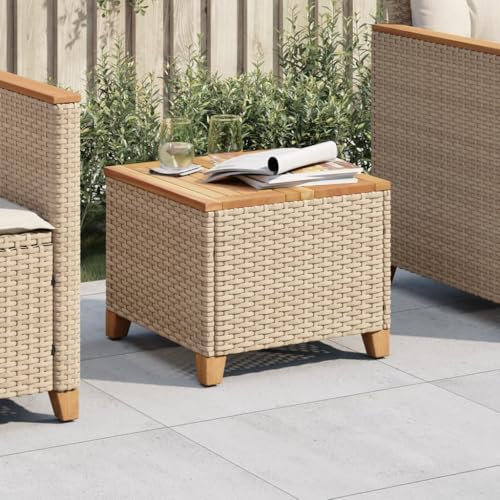 Iiaky Gartentisch Terrassentisch Wetterfest Lounge Tisch Outdoor BalkonhäNgetisch Beige 45x45x37 cm Poly Rattan Akazienholz