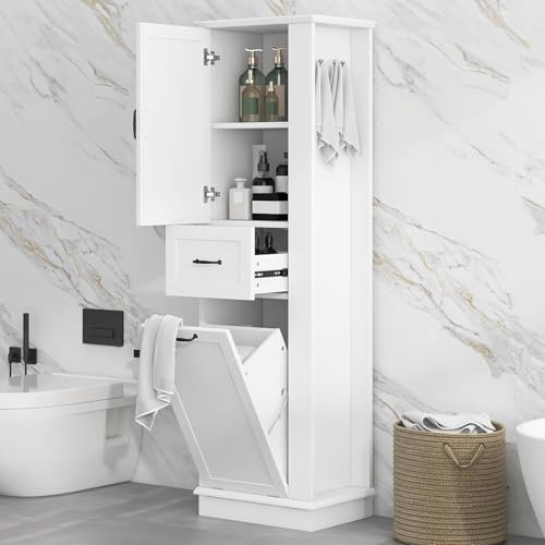 Virubi Tall Laundry Cabinet with Tilt Out Hamper, Wood Bathroom Storage Cabinet with Door,Drawer and Adjustable Shelves Freestanding (White)
