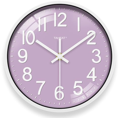 TAHEAT 10 Inch Wall Clock for Bedroom, Silent Purple Bedroom Wall Clock | Silent 10 bedroom wall clock with HD glass & ABS frame. Ideal purple bedroom accessories & easy to read kids wall clock.