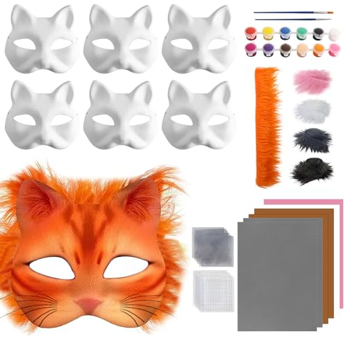 Gör-det-själv kattmask, pysselset för barn och vuxna – 6 omålade masker av papper, 5 fuskpäls, 4 filtfärger, 12 akrylfärger och 2 penslar för cosplay, halloween, karneval och festdekoration för