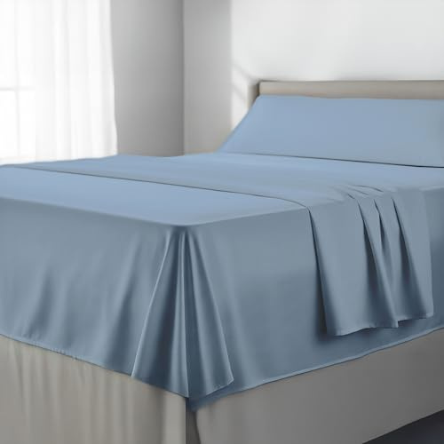 FUSIONHOME Juego de Sabanas 105 x 190/200 Azul - Sabanas Cama 105 - Ropa de Cama Completa 3 Piezas, 1 Sábana Bajera Ajustable, 1 Encimera y Funda Almohada - Microfibra Tacto Extrasuave