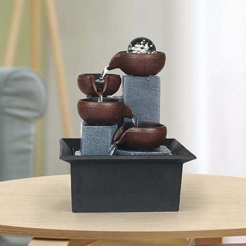 4-Tier Tabletop Water Fountain with LED Lights and Bubble Ball for Home Office, Indoor Zen Meditation Relaxation Desktop Waterfall Decor