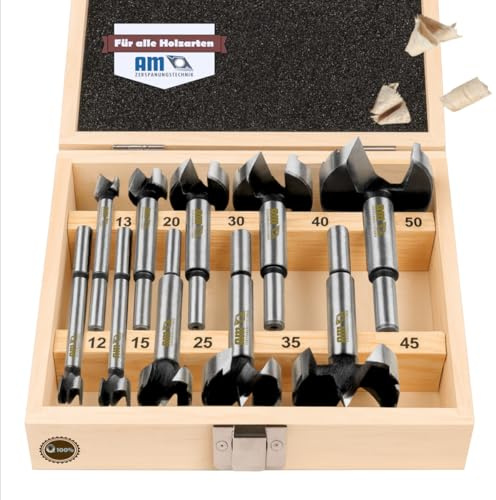 AM-Zerspanungstechnik Forstnerbohrer Set Ø12-50mm | Professionelles Holzbohrer Set 10tlg. | Topfbohrer Holz | Astlochbohrer | Flachbohrer