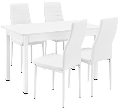 [en.casa] Set da Sala da Pranzo Tavolo 120 x 60 cm con 4 Sedie Impilabili Gambe in Acciaio e Rivestimento in Similpelle Set Elegante per Cucina Sala Ristorante - Bianco