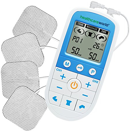 Digitales TENS- und EMS-Gerät | Natürliche Schmerzlinderung ohne Medikamente | 3-in-1-Schmerzlinderung, Rehabilitation und Massage | Zwei Kanäle | 4 selbstklebende Elektroden | Healthcare World