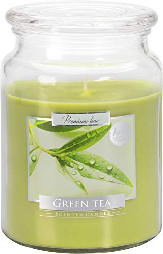 Vela perfumada grande en un vaso, hasta 100 horas de intenso aroma de té verde aromático, altura 14 cm, diámetro 9 cm