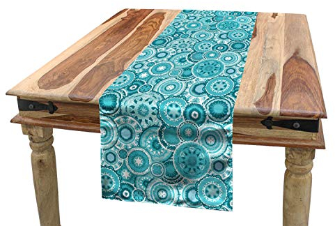 ABAKUHAUS Wasser Tischläufer, Mandala Runde, Esszimmer Küche Rechteckiger Dekorativer Tischläufer, 40 x 180 cm, Türkisblaues Weiß
