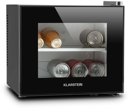 KLARSTEIN Frosty Compact Line - Frigo Compatto, Mini Frigo, Ultracompatto, 65 Watt, Porta in Doppio Vetro Isolato, 10 Litri, Classe A, Temperatura tra 12° e i 18° C, Illuminazione LED, Nero