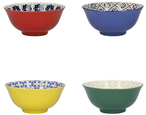 KitchenCraft Set di 4 Ciotole in Ceramica per Cereali, Gelati e Zuppe, Confezione Regalo Inclusa, Design 'World of Flavours', 15 cm