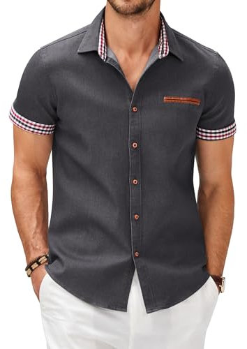 COOFANDY Mens Shirts Short Sleeve Cowboy Casual Work Shirts Summer Office T-Shirts Non Iron Formal Shirt Denim Button Down Shirt Slim Fit Gray XXL