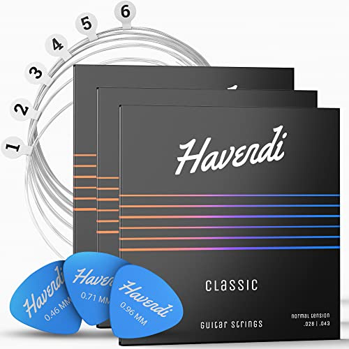 HAVENDI® Cuerdas para guitarra de concierto – brillante calidad de sonido cuerdas de nailon para guitarra clásica con revestimiento plateado (juego de 6 cuerdas), incluye 3 púas