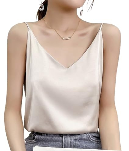 Camisola de Seda para Mujer, Top con Tirantes Finos y Cuello en V, Camisa de Negocios Holgada con Cuello Sexy, Cuello Sexy Mostrar (M,C)