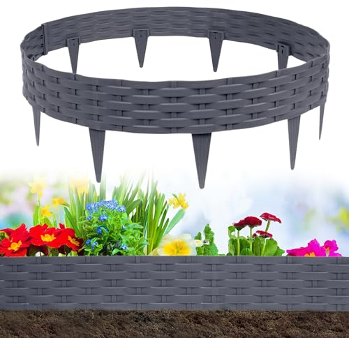 NAIZY Rattan-Optik Rasenkante 5 * 1m Beeteinfassung Biegbarer Kunststoff Mähkante Beetumrandung Rattan Design Gartenpalisade für Garten Rasen Dekorativ, Grau (20 Stück/20m)