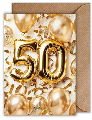 Geburtstagskarte 50 Jahre mit Umschlag - mit goldenen Ballons – edle Klappkarte zum fünfzigsten - Geburtstag (DIN A6)