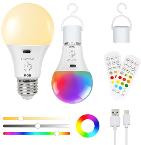 FRIDEKO HOME Rechargeable Light Bulb with Remote Control, Smart RGB Colour Changing Light Bulbs, E27 LED Dimmable Touch Control Bulbs with Timing Function, 2000mah Battery Powered,2 Pack