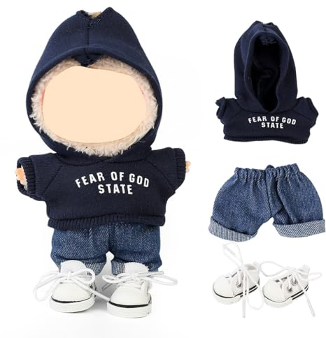 LEWOTE Set di Abbigliamento Compatibile per Bambola Labubu, Set di Cappello, Abito, Ornamenti e Accessori per Bambola da 17cm / 6,7 Pollici (Felpa Blu Scuro/Jeans/Scarpe Tela)