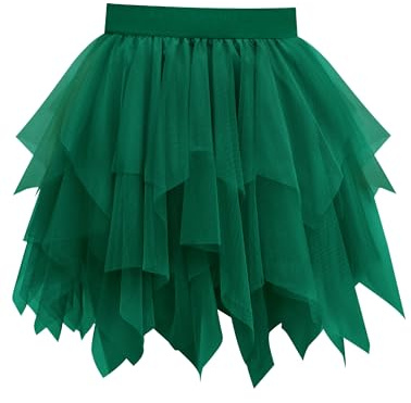 Vlazom Gonne Donna in Tulle Gonna Corta a 3 Strati con Orlo Irregolare per Halloween e Carnevale，Verde Scuro，S-M