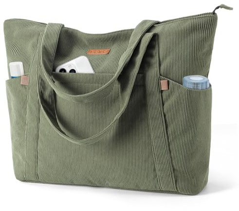 Lekesping Sac Cabas Femme Ordinateur 15,6 Pouces, Sac Fourre Tout Velours Cotelé Femme, Grand Sacs a Main Femmes XXL, Sacs de Plage avec Fermeture Éclair pour Shopping Travail L'école Sport, Vert S