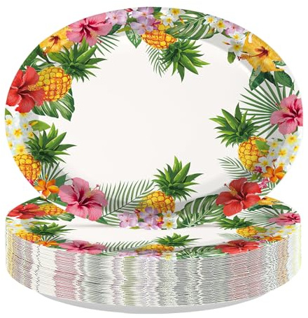 50Pcs Hawaiian Luau Paper Plates 10 x 12 Large Disposable Tropical Pineapple Heavy Duty Paper Platters Palm Leaves Flowers Dessert Plates for Summer Tropic Pool Hawaiian Birthday BBQ Party Supplies