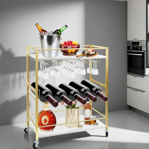 PRIJESSE 3 - Tier Bar Cart, Gold Serving Trolley, 60 x 28 x 81 cm