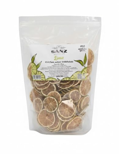 SANZ GARNISH LIMA Fruta Deshidratada para Cócteles | 160 Rodajas de LIma Seca | Bolsa Grande de 200 g | Fruta 100% Natural | Sin Azúcar Añadido.