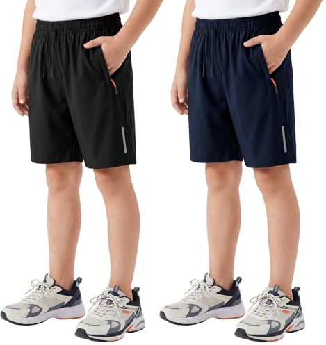 Hoseay Shorts Boys Quick Dry 2 Pack Athletic Short with Reflective Strips and Zipper Pockets Breathable Drawstring Elastic Waist Activewear Short Training for Kids 8-9 Years, Black Blue
