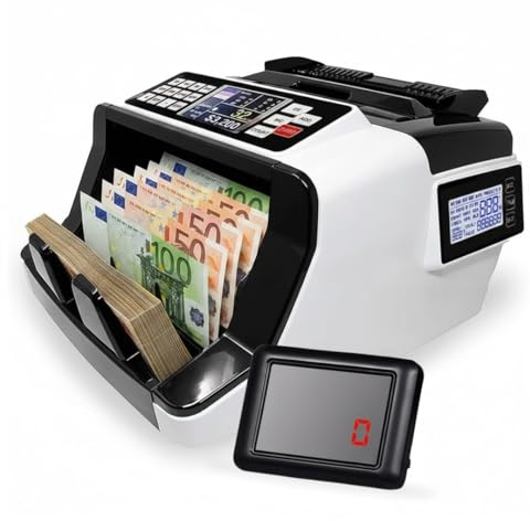 Contador y detector de Billetes falsos de Denominación Mixta Maquinas para Contar Billetes Mixtos con 8 Veces Preciso EUR, USD, GBP Cuenta 1000 Billetes por minuto. Detección UV, MG, MT, IR.