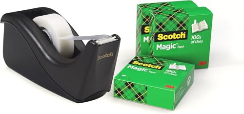 Scotch Klebeband-Abroller C60, Schwarz + Scotch Magic Unsichtbares Klebeband, 19 mm x 33 mm, 4 Rollen/Packung