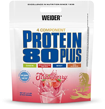 Weider - Protein 80 Plus - 4-Komponenten Protein Pulver - Hoher Proteingehalt mit 80% Eiweiß - Cremige Shakes mit Calcium & Vitamin B6 - 2kg - Erdbeere