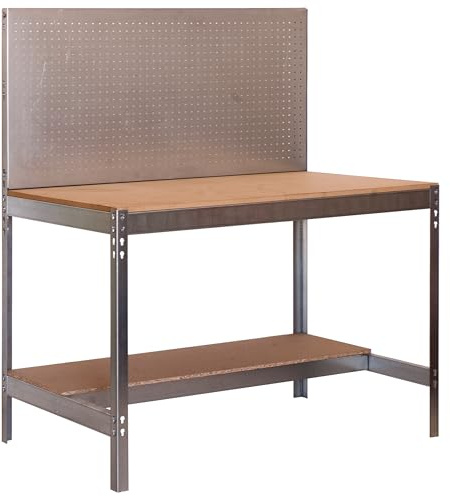 Simon Rack Banco da lavoro per officina, capacità di carico 600 kg, 1445x1210x610 mm, Pannello Forato, Tavolo da lavoro fai da te, Zincato/Legno - BT2