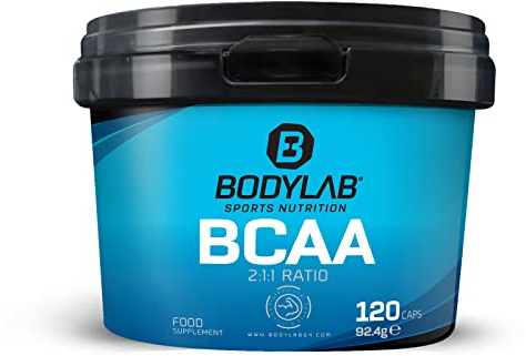 Bodylab24 BCAA 120 capsule, 1200 mg di BCAA in rapporto 2:1:1 per porzione, contiene L-Leucina, L-Isoleucina e L-Valina, facile da dosare grazie alla pratica forma in capsule