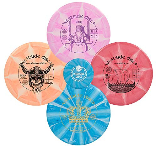 Westside Discs Origio Burst 4-Disc Golf Discs Set - Beginner Frisbee Golf Discs Set for Men - 1x Drivers, 1x Fairway Driver, 1x Midrange & 1x Putter Disc - Mini Marker Included - Colors Will Vary