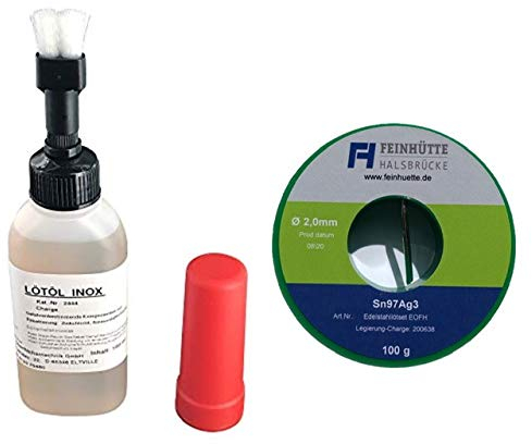 EO-FH Profi-Edelstahl Lötset Nr. 4, 100 ml Flusmmittel/Lötöl INOX zum Weichlöten von Edelstahl, mit extrem hoher Wärmestabilität, Pinselflasche mit Kindersicherung + 100 g Lötzinn Legierung Sn97Ag3