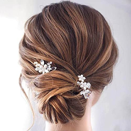 Prosy Lot de 2 bijoux pour cheveux de mariée avec fleurs et cristaux, pinces à cheveux argentées, chapitres floraux de perles pour femmes et filles
