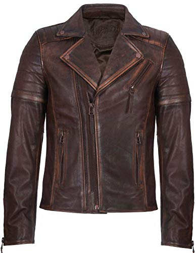 Infinity Leather Chaqueta para Hombre en 100% Cuero Marrón con Doble Cremallera Cruzada Estilo Motociclista Brando Slim Fit L