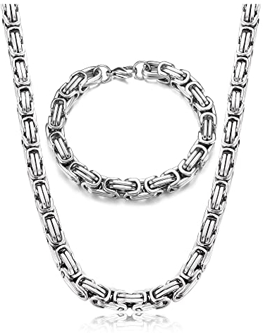 Krfy Kette und Armband Set Herren Edelstahl Königskette Silber 8mm Breite Byzantinische Plattenkette Dicke Schwere Kette Hip Hop Punk Schmuck für Männer Jungen Länge 51cm